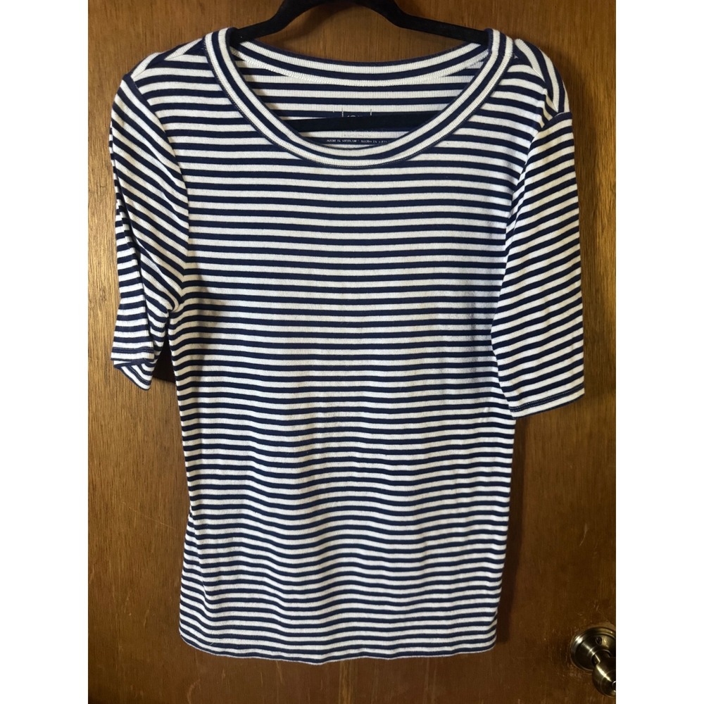 Kersh Womens Navy Blue White Striped Ribbed Knit Top Short Sleeve 211000 552849